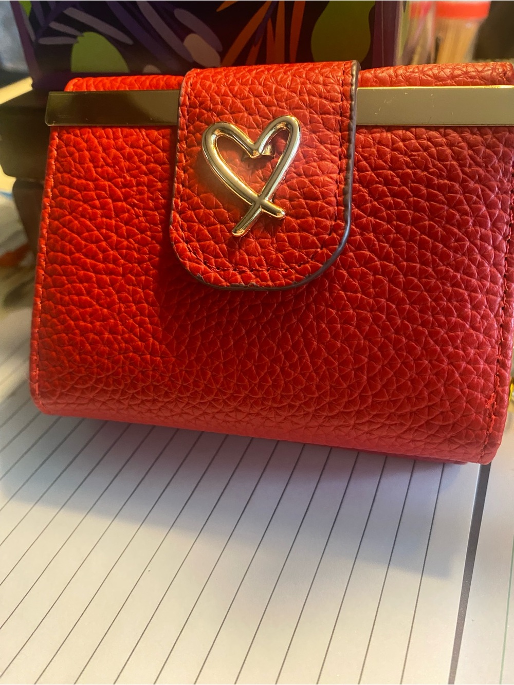Red Heart-Clasp Pebbled Leather Wallet